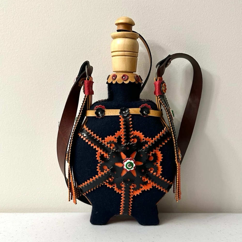 Hungarian Decorative Large Puszta Folk Leather Liquor Flask Canteen with Strap